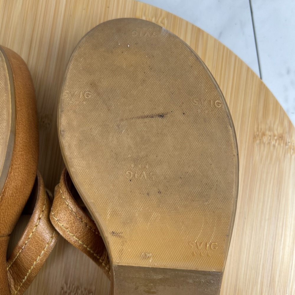 VTG Y2K Prada Womens Size 7.5 EU 37.5 Brown Tan Logo Wood Platform Wedge Sandals - Picture 9 of 11